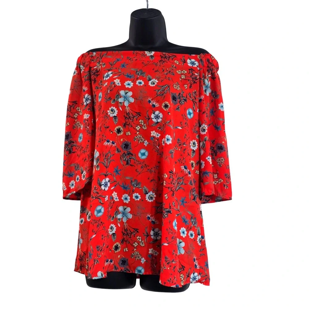 143 Story By Line Up Women Red Floral Off Shoulder Blouse 3/4 Bell Sleeve Sz M